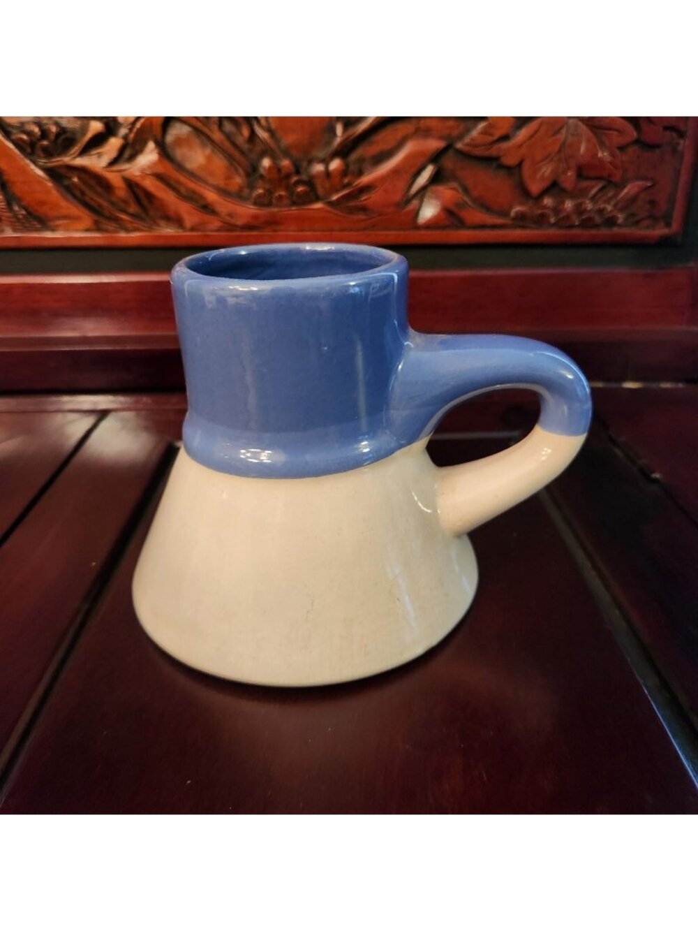 Vintage White & Blue Ceramic Mug With Handle Unique Tapered Design